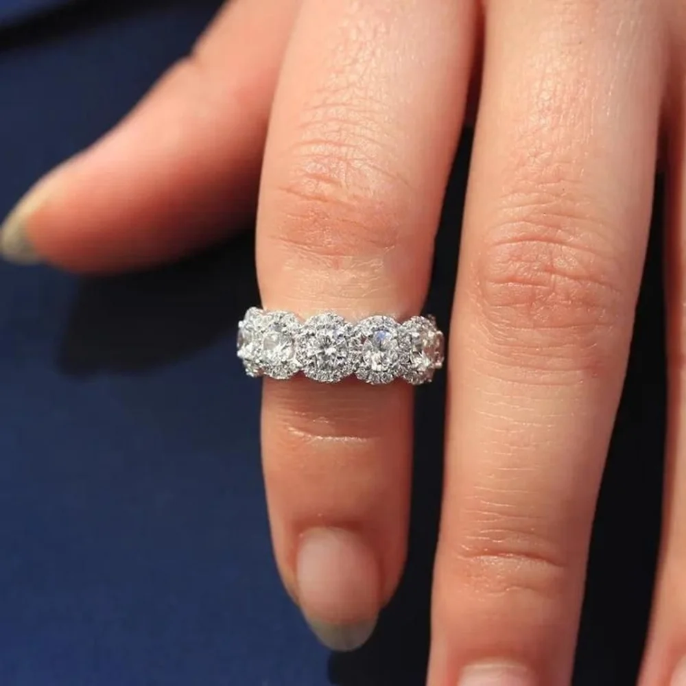 5‎ Stone Halo Simulated Diamond Ring | Platinum Plated Sterling Silver